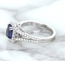 Load image into Gallery viewer, 1.43ct Cushion Blue Sapphire Ring with Diamond Halo in 18K White Gold