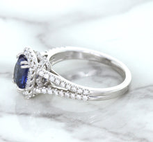 Load image into Gallery viewer, 1.43ct Cushion Blue Sapphire Ring with Diamond Halo in 18K White Gold