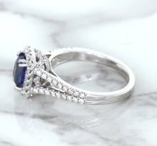 Load image into Gallery viewer, 1.43ct Cushion Blue Sapphire Ring with Diamond Halo in 18K White Gold