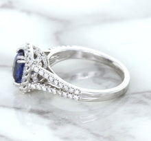 Load image into Gallery viewer, 1.43ct Cushion Blue Sapphire Ring with Diamond Halo in 18K White Gold