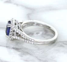 Load image into Gallery viewer, 1.43ct Cushion Blue Sapphire Ring with Diamond Halo in 18K White Gold