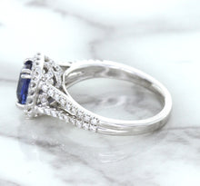 Load image into Gallery viewer, 1.43ct Cushion Blue Sapphire Ring with Diamond Halo in 18K White Gold