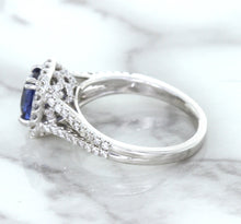Load image into Gallery viewer, 1.43ct Cushion Blue Sapphire Ring with Diamond Halo in 18K White Gold