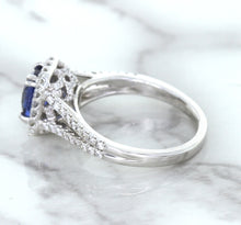 Load image into Gallery viewer, 1.43ct Cushion Blue Sapphire Ring with Diamond Halo in 18K White Gold