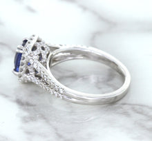 Load image into Gallery viewer, 1.43ct Cushion Blue Sapphire Ring with Diamond Halo in 18K White Gold