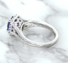 Load image into Gallery viewer, 1.43ct Cushion Blue Sapphire Ring with Diamond Halo in 18K White Gold