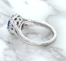 Load image into Gallery viewer, 1.43ct Cushion Blue Sapphire Ring with Diamond Halo in 18K White Gold