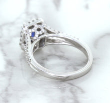 Load image into Gallery viewer, 1.43ct Cushion Blue Sapphire Ring with Diamond Halo in 18K White Gold