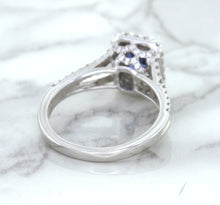 Load image into Gallery viewer, 1.43ct Cushion Blue Sapphire Ring with Diamond Halo in 18K White Gold