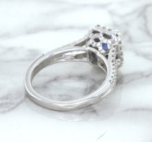 Load image into Gallery viewer, 1.43ct Cushion Blue Sapphire Ring with Diamond Halo in 18K White Gold