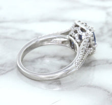 Load image into Gallery viewer, 1.43ct Cushion Blue Sapphire Ring with Diamond Halo in 18K White Gold