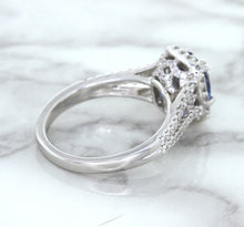 Load image into Gallery viewer, 1.43ct Cushion Blue Sapphire Ring with Diamond Halo in 18K White Gold