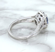 Load image into Gallery viewer, 1.43ct Cushion Blue Sapphire Ring with Diamond Halo in 18K White Gold