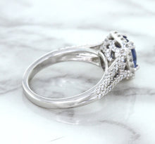 Load image into Gallery viewer, 1.43ct Cushion Blue Sapphire Ring with Diamond Halo in 18K White Gold