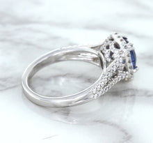 Load image into Gallery viewer, 1.43ct Cushion Blue Sapphire Ring with Diamond Halo in 18K White Gold