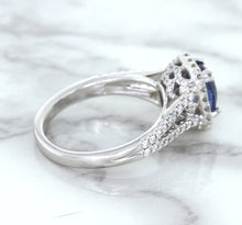 Load image into Gallery viewer, 1.43ct Cushion Blue Sapphire Ring with Diamond Halo in 18K White Gold