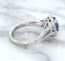 Load image into Gallery viewer, 1.43ct Cushion Blue Sapphire Ring with Diamond Halo in 18K White Gold