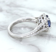 Load image into Gallery viewer, 1.43ct Cushion Blue Sapphire Ring with Diamond Halo in 18K White Gold