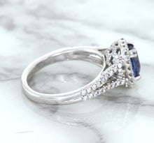 Load image into Gallery viewer, 1.43ct Cushion Blue Sapphire Ring with Diamond Halo in 18K White Gold