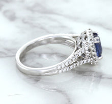 Load image into Gallery viewer, 1.43ct Cushion Blue Sapphire Ring with Diamond Halo in 18K White Gold