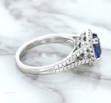 Load image into Gallery viewer, 1.43ct Cushion Blue Sapphire Ring with Diamond Halo in 18K White Gold