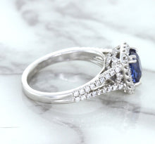 Load image into Gallery viewer, 1.43ct Cushion Blue Sapphire Ring with Diamond Halo in 18K White Gold