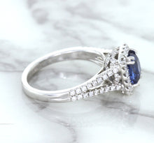 Load image into Gallery viewer, 1.43ct Cushion Blue Sapphire Ring with Diamond Halo in 18K White Gold
