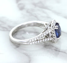 Load image into Gallery viewer, 1.43ct Cushion Blue Sapphire Ring with Diamond Halo in 18K White Gold
