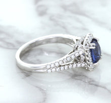Load image into Gallery viewer, 1.43ct Cushion Blue Sapphire Ring with Diamond Halo in 18K White Gold