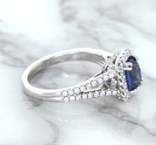 Load image into Gallery viewer, 1.43ct Cushion Blue Sapphire Ring with Diamond Halo in 18K White Gold