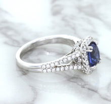 Load image into Gallery viewer, 1.43ct Cushion Blue Sapphire Ring with Diamond Halo in 18K White Gold