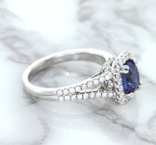 Load image into Gallery viewer, 1.43ct Cushion Blue Sapphire Ring with Diamond Halo in 18K White Gold