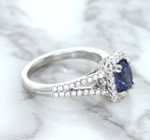 Load image into Gallery viewer, 1.43ct Cushion Blue Sapphire Ring with Diamond Halo in 18K White Gold