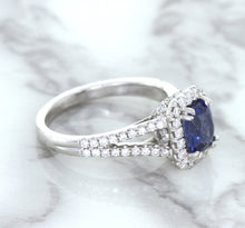 Load image into Gallery viewer, 1.43ct Cushion Blue Sapphire Ring with Diamond Halo in 18K White Gold