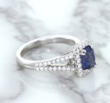 Load image into Gallery viewer, 1.43ct Cushion Blue Sapphire Ring with Diamond Halo in 18K White Gold