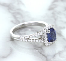 Load image into Gallery viewer, 1.43ct Cushion Blue Sapphire Ring with Diamond Halo in 18K White Gold