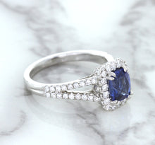 Load image into Gallery viewer, 1.43ct Cushion Blue Sapphire Ring with Diamond Halo in 18K White Gold