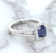 Load image into Gallery viewer, 1.43ct Cushion Blue Sapphire Ring with Diamond Halo in 18K White Gold