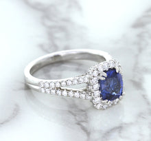 Load image into Gallery viewer, 1.43ct Cushion Blue Sapphire Ring with Diamond Halo in 18K White Gold