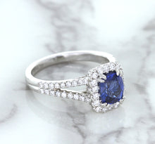 Load image into Gallery viewer, 1.43ct Cushion Blue Sapphire Ring with Diamond Halo in 18K White Gold