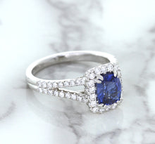 Load image into Gallery viewer, 1.43ct Cushion Blue Sapphire Ring with Diamond Halo in 18K White Gold