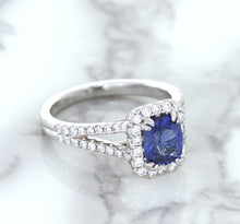 Load image into Gallery viewer, 1.43ct Cushion Blue Sapphire Ring with Diamond Halo in 18K White Gold