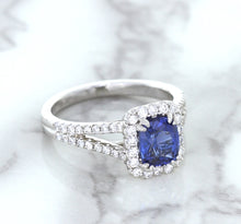 Load image into Gallery viewer, 1.43ct Cushion Blue Sapphire Ring with Diamond Halo in 18K White Gold