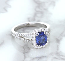 Load image into Gallery viewer, 1.43ct Cushion Blue Sapphire Ring with Diamond Halo in 18K White Gold