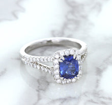 Load image into Gallery viewer, 1.43ct Cushion Blue Sapphire Ring with Diamond Halo in 18K White Gold