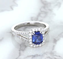 Load image into Gallery viewer, 1.43ct Cushion Blue Sapphire Ring with Diamond Halo in 18K White Gold