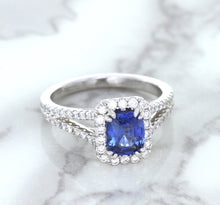 Load image into Gallery viewer, 1.43ct Cushion Blue Sapphire Ring with Diamond Halo in 18K White Gold