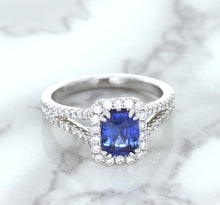 Load image into Gallery viewer, 1.43ct Cushion Blue Sapphire Ring with Diamond Halo in 18K White Gold