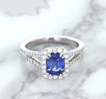 Load image into Gallery viewer, 1.43ct Cushion Blue Sapphire Ring with Diamond Halo in 18K White Gold