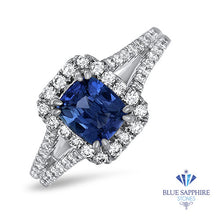 Load image into Gallery viewer, 1.43ct Cushion Blue Sapphire Ring with Diamond Halo in 18K White Gold